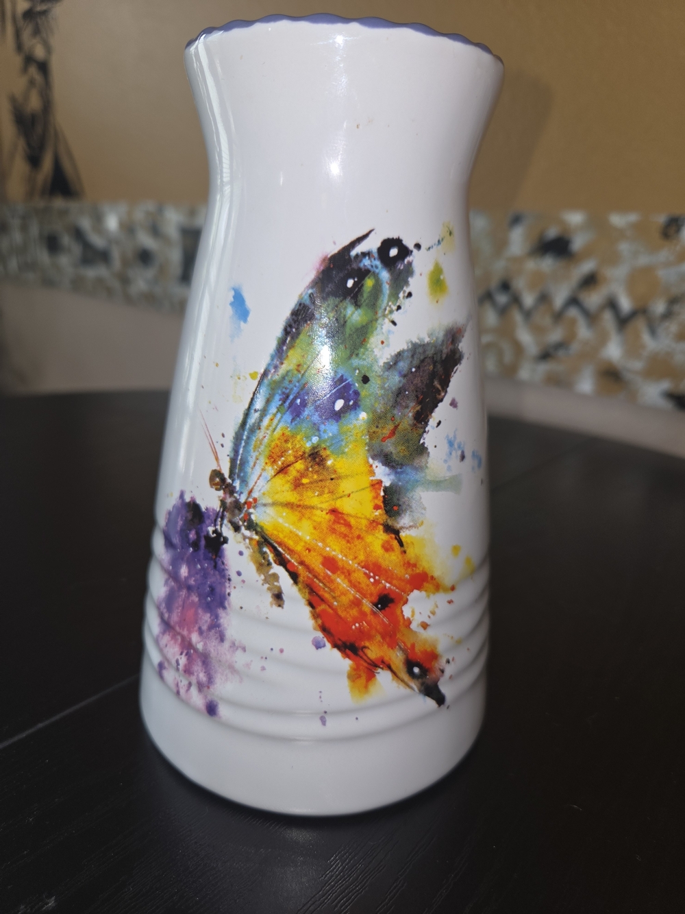 White Ceramic Vase with Colorful Watercolor Butterfly NWT
